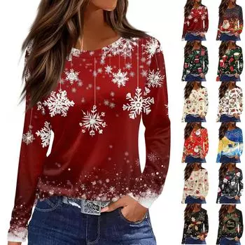 Женская мода повседневный топ с разрезом по низу и рождественским принтом с круглым вырезом и длинными рукавами M винный