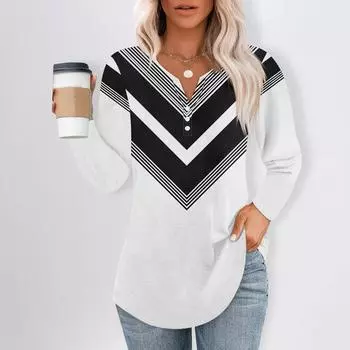 Женская мода повседневный топ с разрезом по низу и принтом в полоску и круглым вырезом с длинными рукавами M белый