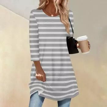 Женская Мода Повседневный Топ с Рукавом Три Четверти, Длинный, в Полоску, с Принтом в Горошек, Круглый Вырез XL