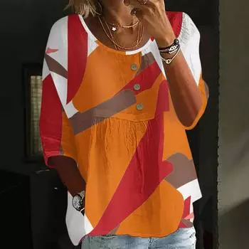 Женская мода Повседневный Топ с рукавом три четверти Свободный Круглый вырез Пуговицы Цветочный принт XXL оранжевый