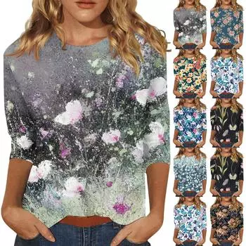 Женская мода повседневный топ с рукавом три четверти с цветочным принтом и круглым вырезом L