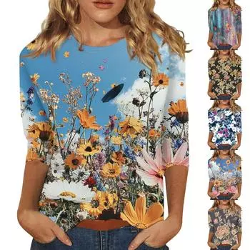 Женская мода повседневный топ с рукавом три четверти с цветочным принтом и круглым вырезом L тёмно-синий