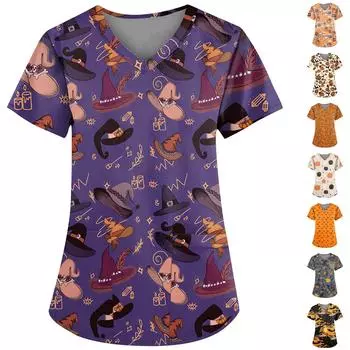 Женская мода повседневный топ с v-образным вырезом и короткими рукавами на Хэллоуин с карманами и принтом XXL фиолетовый