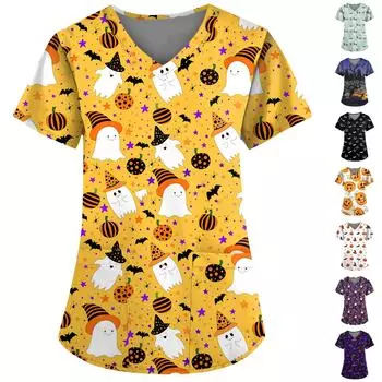 Женская мода повседневный топ с v-образным вырезом и короткими рукавами на Хэллоуин с карманами и принтом S чёрный