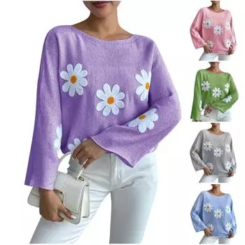 Женская мода Повседневный трикотаж с цветочным принтом и свободными рукавами Топ-свитер M