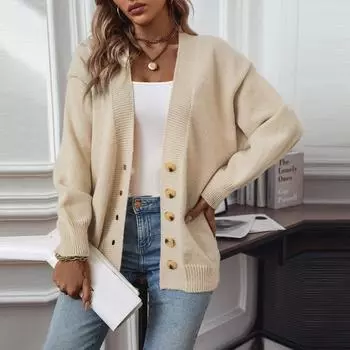 Женская мода повседневный трикотажный однотонный кардиган с капюшоном свитер пальто L бежевый