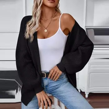 Женская мода повседневный трикотажный однотонный кардиган с капюшоном свитер пальто L чёрный