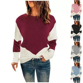 Женская мода повседневный трикотажный топ с круглым вырезом контрастный цвет низ рубашка пуловер свитер XL розовый