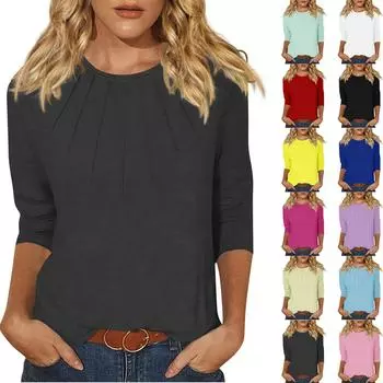 Женская мода повседневный универсальный повседневный топ с круглым вырезом и рукавом три четверти L бежевый