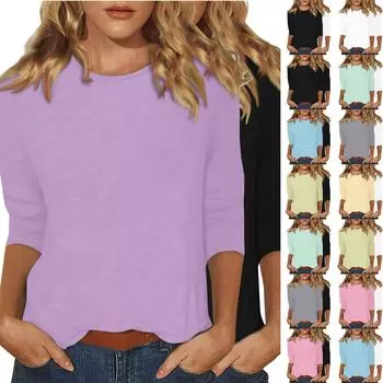 Женская мода повседневный универсальный повседневный топ с круглым вырезом и рукавом три четверти L