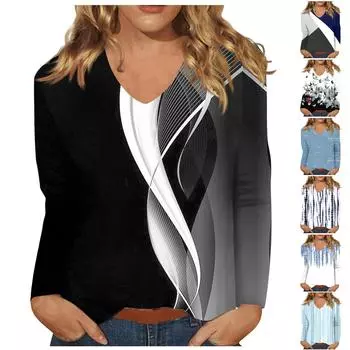 Женская мода, повседневный универсальный повседневный топ с v-образным вырезом и длинными рукавами с принтом XXXXXL чёрный