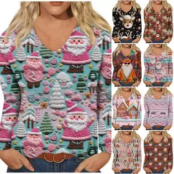 Женская мода, повседневный универсальный повседневный топ с v-образным вырезом и длинными рукавами с принтом XL имбирный