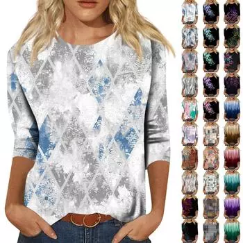 Женская мода, повседневный винтажный топ с круглым вырезом и семью рукавами с принтом M коричневый