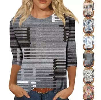 Женская мода, повседневный винтажный топ с круглым вырезом и семью рукавами с принтом L синий