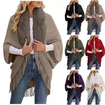 Женская мода, повседневный вязаный однотонный шерстяной шарф в полоску с кисточками, накидка One Size чёрный