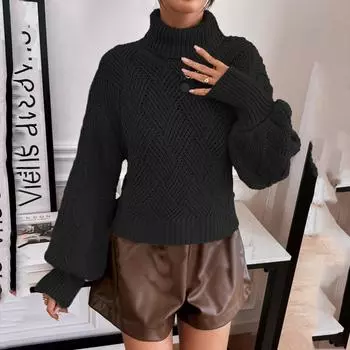 Женская мода повседневный вязаный пуловер с пышными рукавами и высоким воротом, свитер с длинными рукавами M