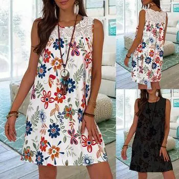 Женская мода повседневный жилет без рукавов с кружевным принтом на бретелях плиссированное свободное платье L чёрный