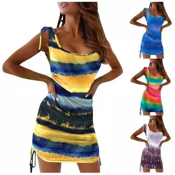 Женская мода Повседневный жилет без рукавов с принтом Тонкий мини-платье на шнуровке XL синий