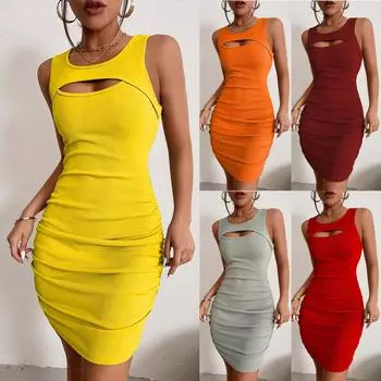 Женская мода, повседневный жилет с круглым вырезом и принтом, сексуальное облегающее платье M оранжевый