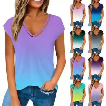 Женская мода, повседневный жилет с v-образным вырезом, топ с коротким рукавом, свободная футболка с принтом