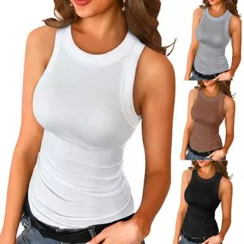 Женская мода повседневный жилет сплошной цвет без рукавов с круглым вырезом летние майки женские камзол S чёрный