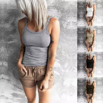 Женская мода повседневный жилет сплошной цвет без рукавов с круглым вырезом летние майки женские камзол S белый