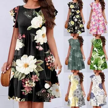 Женская мода, праздничное, летнее, с принтом, с круглым вырезом, с коротким рукавом, для вечеринки, пляжное свободное платье L армия зеленый