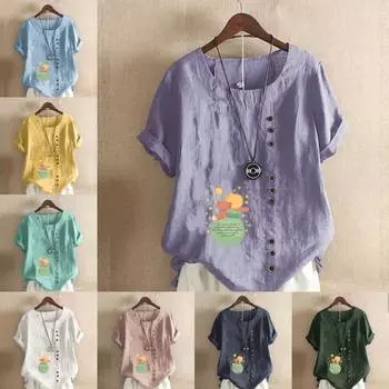 Женская мода Принц и Лис Принтованный круглый вырез короткий рукав футболка Повседневная хлопковая льняная рубашка с рисунком для отдыха свободная летняя блузка Топы S розовый