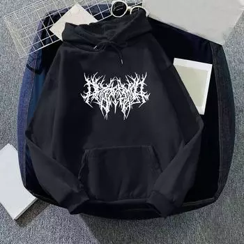 Женская мода принт спортивный свободный пуловер длинный рукав карман капюшон толстовка топ L чёрный