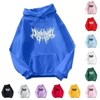 Женская мода принт спортивный свободный пуловер длинный рукав карман капюшон толстовка топ L чёрный