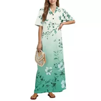 Женская мода Принтованная ночная сорочка Домашняя одежда Ночная сорочка с коротким рукавом с карманами Длинное платье S зелёный