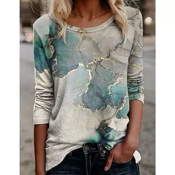 Женская мода принтованная повседневная футболка с длинным рукавом и круглым вырезом, женские пуловеры, топы, базовые футболки на весну и лето S