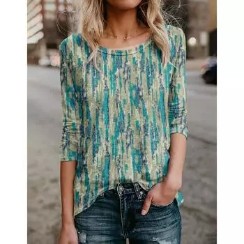 Женская мода принтованная повседневная футболка с длинным рукавом и круглым вырезом, женские пуловеры, топы, базовые футболки на весну и лето S