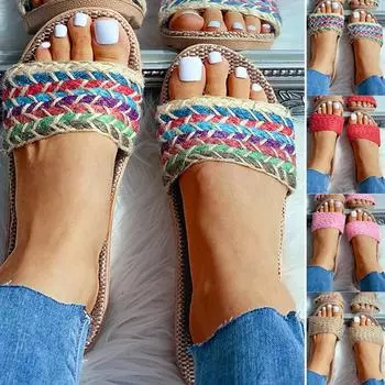 Женская мода противоскользящие льняные домашние домашние туфли на плоской подошве с открытым носком Пляжные тапочки 26039-40