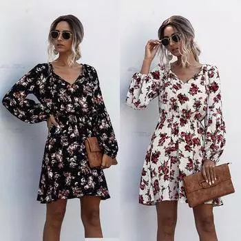 Женская мода Puff с длинным рукавом Дрожащее цельное платье Одежда S белый