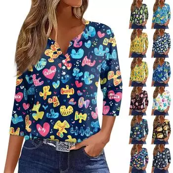 Женская мода пуговиц V-образный вырез семь рукавов милый животный принт повседневный топ L чёрный