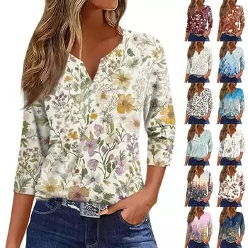 Женская мода пуговиц V-образный вырез семь рукавов винтажный цветочный принт повседневный топ L бежевый