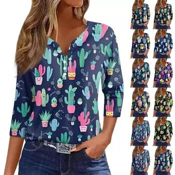 Женская мода пуговиц V-образный вырез семь рукавов милый кактус принт повседневный топ L армия зеленый