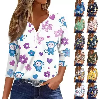 Женская мода пуговиц V-образный вырез семь рукавов милый животный принт повседневный топ L армия зеленый