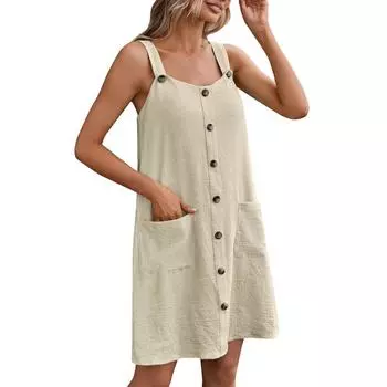 Женская мода, пуговицы спереди, прямой подол, карман и нашивка, свободные короткие платья-жилеты L бежевый