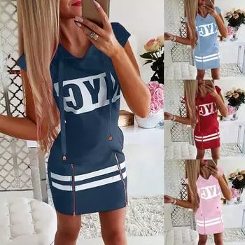 Женская мода пуловер на молнии с капюшоном и принтом Slim Fit свободное платье с коротким рукавом XL зелёный