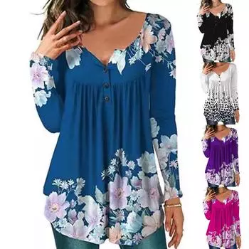 Женская мода, пуловер с цветочным принтом, плиссированная рубашка с длинными рукавами и v-образным вырезом, повседневная футболка S фиолетовый