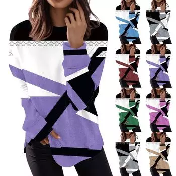Женская мода пуловер с длинным рукавом Повседневная футболка Свободный топ с геометрическим принтом и принтом XXXXXL серый