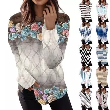 Женская мода пуловер с длинным рукавом повседневная футболка с круглым вырезом топ с принтом XL