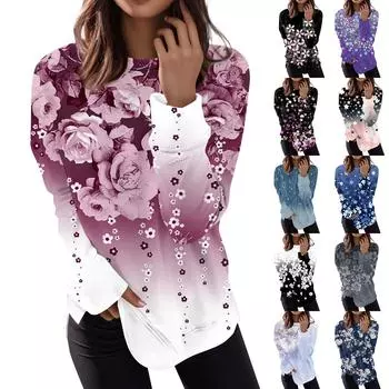 Женская мода пуловер с длинным рукавом повседневная футболка с круглым вырезом топ с принтом XXL серый