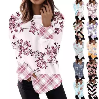 Женская мода пуловер с длинным рукавом повседневная футболка с круглым вырезом топ с принтом XL фиолетовый