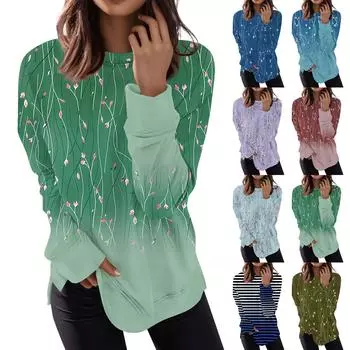 Женская мода пуловер с длинным рукавом повседневная футболка винтажный свободный топ с цветочным принтом XXXXL фиолетовый