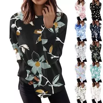 Женская мода пуловер с длинным рукавом повседневная футболка с круглым вырезом топ с принтом L бежевый