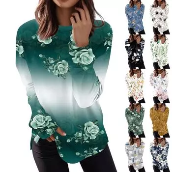 Женская мода пуловер с длинным рукавом повседневная футболка с круглым вырезом топ с принтом XXL