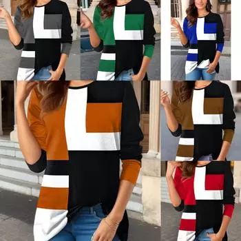 Женская мода пуловер с длинным рукавом Повседневная футболка Свободный топ с геометрическим принтом и принтом S зелёный